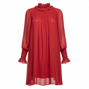 Rebecca Taylor Diamond Smocked Mock Neck Silk Dress in Red Size S Holiday
